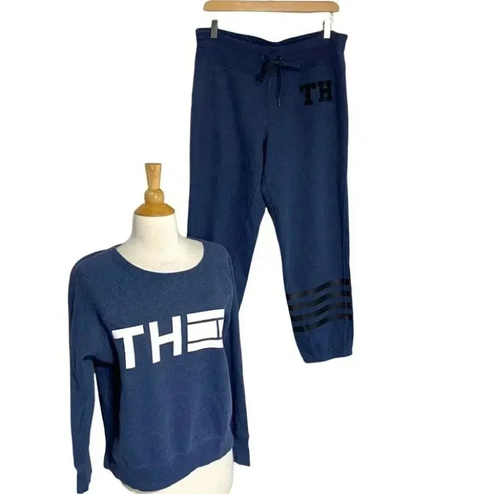 Tommy Hilfiger Sport Women‎ Large Navy Blue Sweatshirt Jogger Pants Set Retro